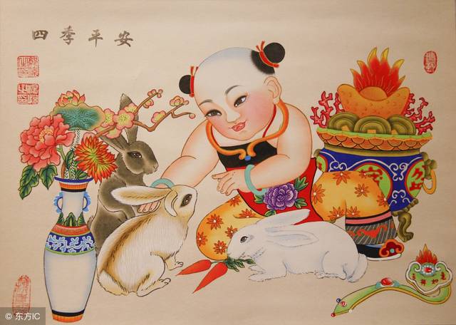 这幅年画寓意着四季平安,寓意"四季平安";四季康泰,安居乐业.