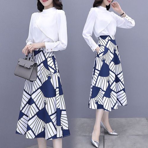 2021春季服装流行搭配,2021秋冬服装流行色 欧化衬衫 裙子两件套套装裙长袖连衣裙女2021年春夏新品印花气质收腰