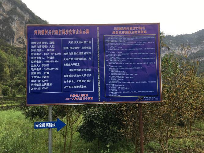 巡查小组查看地质灾害点公示牌及应急撤离线路牌