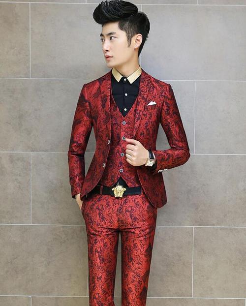 新款潮男士新郎服礼服发型师复古渐变花色西服无袖马甲西装裤套装