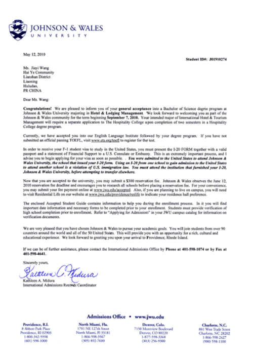 王佳怡同学美国强生威尔士大学offer