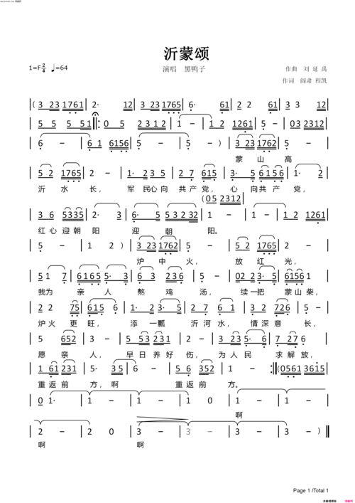 《沂蒙颂》简谱 阎肃作词 程凯作词 刘延禹作曲 黑鸭子演唱 第1页