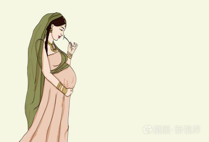 印度孕妇穿着怀孕礼服准备生育.等待婴儿出生