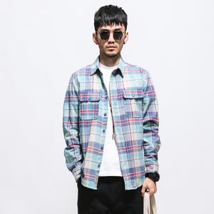 fw 日系潮流休闲绿格子衬衫青少年宽松磨毛翻领学院风长袖衬衣男