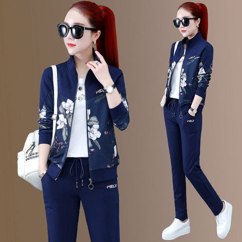 么琳 运动套装女2021春秋装韩版时尚休闲服洋气显瘦外套印花三件套sn