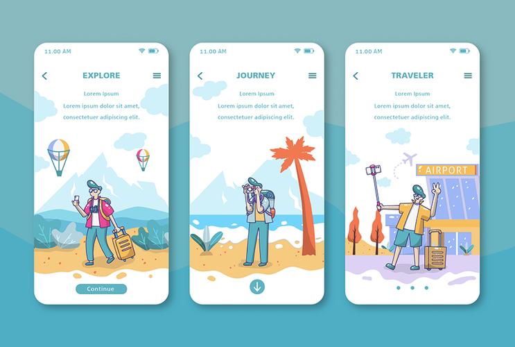 ui设计app端旅游软件引导页/欢迎页插画,人,休闲,游玩,出行,拍照,景点