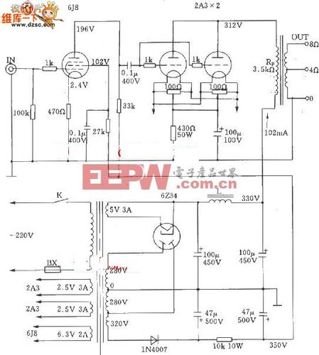 2a3电子管单端a类并联功放电路图