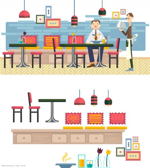 卡通时尚西餐厅场景插画