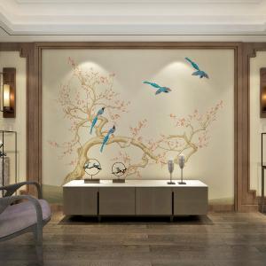 新中式墙布电视背景墙壁纸家用卧室客厅墙纸墙喜上眉梢花鸟壁画3d