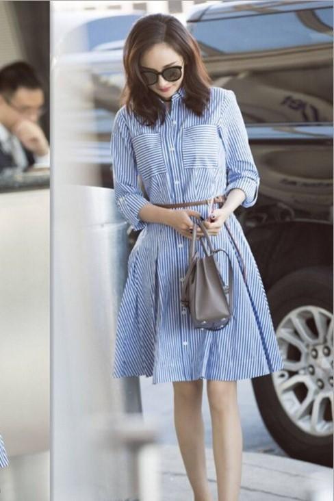 20春夏新款杨幂明星同款机场街拍条纹高腰修身衬衫式连衣裙a字裙