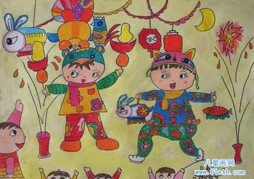 欢度春节儿童画图片:提灯笼放烟花