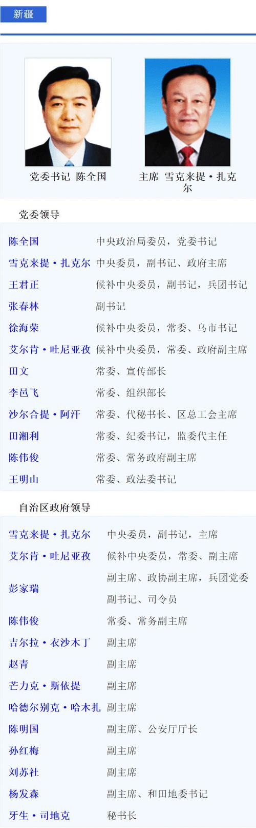 新疆维吾尔自治区主要党政领导人名单