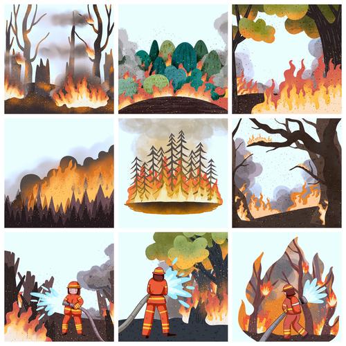 29款森林火灾逆行英雄消防员救火卡通插画psd模板