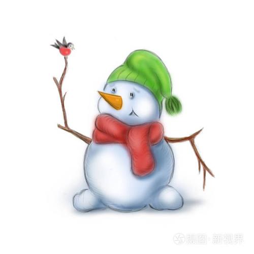 白色背景上的快乐雪人和红色牛翅