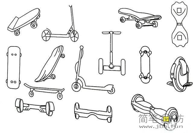 简笔画滑板车和平衡车的画法图片素材
