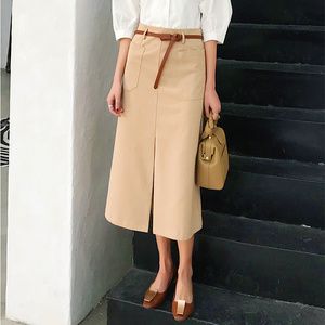 2018春夏新款女装复古气质显瘦卡其色开叉半身裙a字腰带中长裙