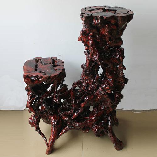 典藏根艺根雕花架杜鹃根树根盆景架双层奇石底座实木根雕摆件客厅