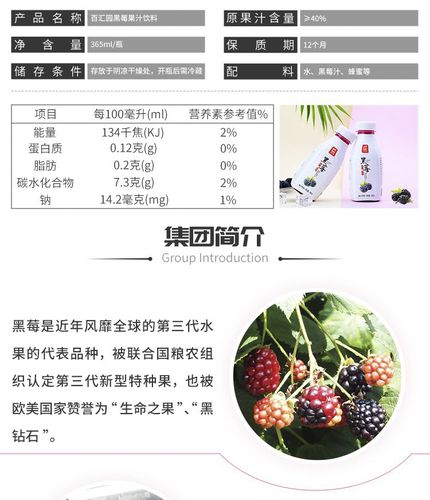 百汇园黑莓果汁饮料果蔬汁比蓝莓汁营养非橙汁6瓶装整箱包邮
