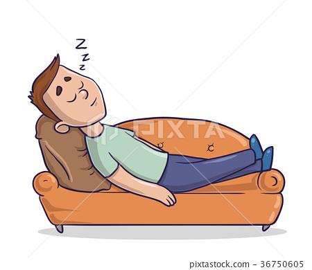 插图素材: young man lying on a sandy-colored couch takes a