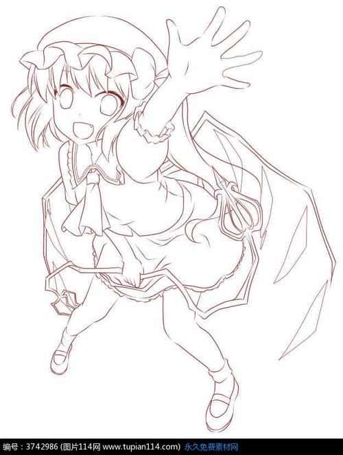 招手的女孩卡通手绘线稿