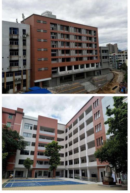 三元区岩前中心幼儿园新建项目新建教学楼主体顺利封顶,已完成墙砖