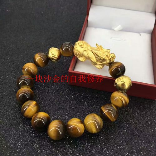 貔貅手链黄金色男士开光 越南沙金24k镀金皮丘黑曜石手串转运佛珠_7折