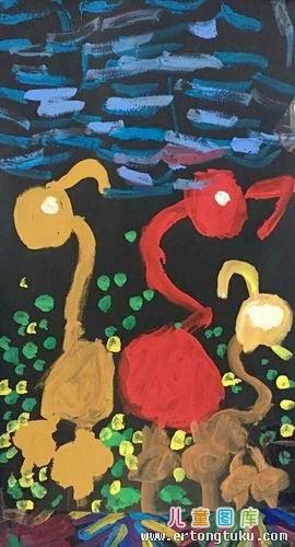 儿童水粉画铜奖作品火烈鸟的一家参赛年龄5岁