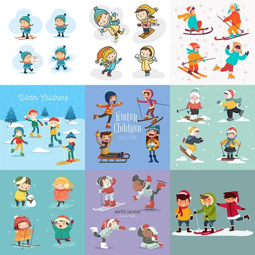 滑雪卡通卡通人人物冬季雪地户外运动儿童滑冰场景设计素材