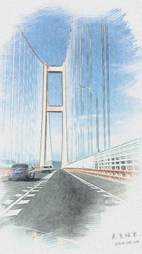 用素描技法写实跨海大桥,真的像天路的巨型大门,真美!