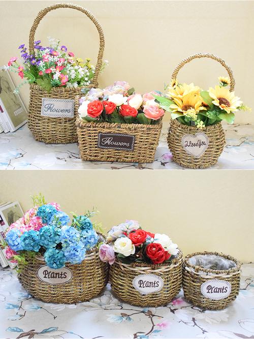 插花小花篮手提手工编织篮子藤编装花筐客厅装饰干花