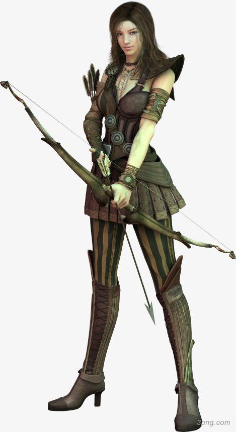 手绘激战美女弓箭手模特png素材透明免抠图片-动植人物