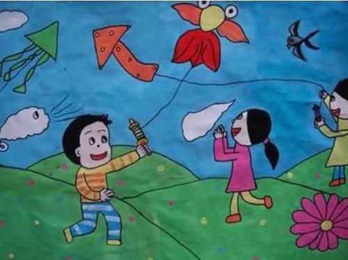 一组春天快乐的郊游儿童画