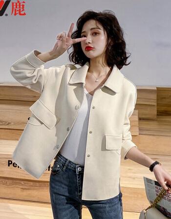 雅鹿品牌高档女装短款外套女装2021早春秋季新品韩版麂皮绒风衣小个子