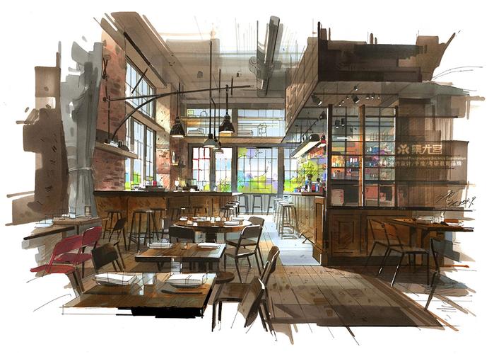 丁震餐饮空间手绘表现作品欣赏