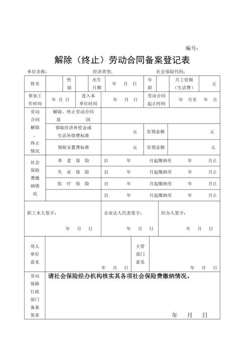 解除(终止)劳动合同备案登记表