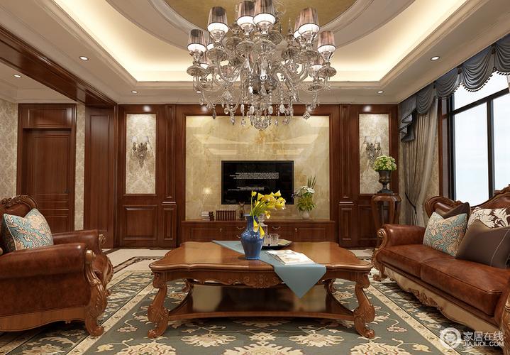 装修图库 客厅 美式 客厅电视墙通过生态板,米色石材和浮雕壁纸装饰出