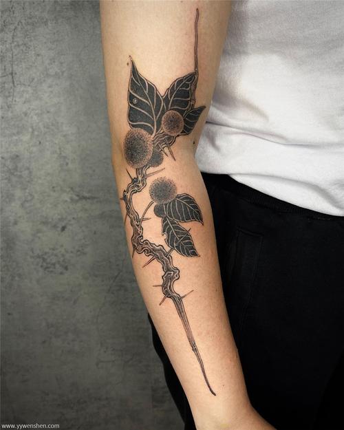 纹身师安童创作的手肘位置的植物中国传统刺青图