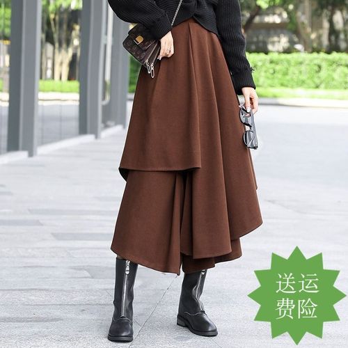 九分阔腿裤裙女中长款毛呢半身裙裤秋冬不规则韩版大摆加厚冬裙子
