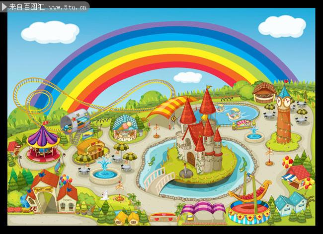 图片素材描述: 游乐场 儿童乐园 卡通 手绘 插画 儿童素材 彩虹 城堡