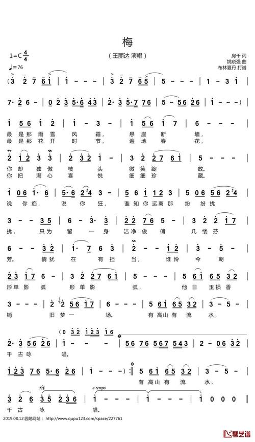 梅简谱(歌词)-王丽达演唱-谱友布林夏丹上传