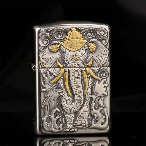 zippo纯银盔甲,zippo纯银盔甲系列 zippo打火机鬼王纯银盔甲镶嵌24k纯金六牙神象大象寓意吉祥如意