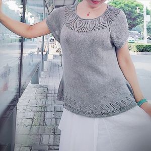 云帛真丝灵叶 女士棒针圆肩短袖套头衫-编织教程-编织人生