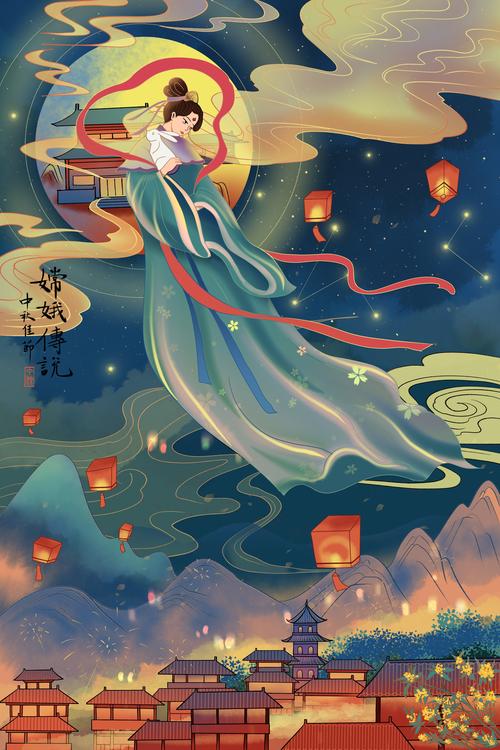 千库网_中秋节中秋古风建筑嫦娥奔月花灯广寒宫场景中秋_插画编号