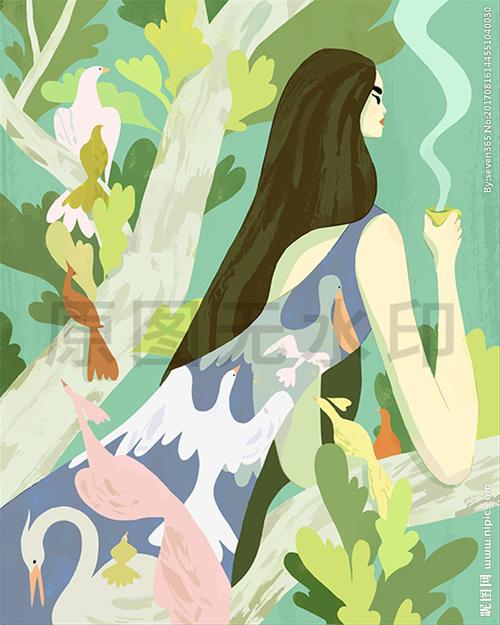 仙女自然森林飞鸟咖啡茶唯美插图图片