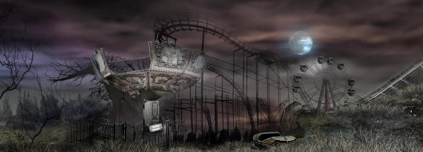 阴森恐怖荒废游乐园闪光落叶灰尘渲染氛围