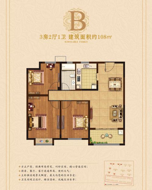 东方明珠尚书苑b户型约108平方3室2厅1卫1阳台户型图