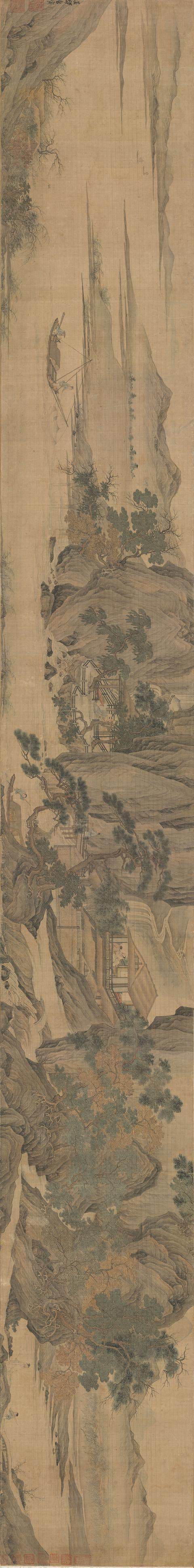 秋山高士图 明代 唐寅图绘秋江阔远,山居清凉,高士或携琴,或观瀑,或