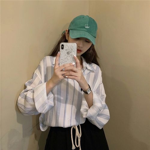 shese女生初秋衣服上衣女韩版简约翻领复古宽松条纹长袖衬衫百搭中长