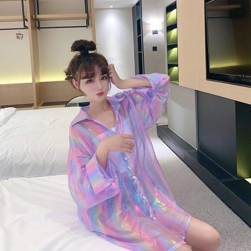 实拍实价 韩版ins宽松长袖紫色衬衫防晒衣女衬衣-盼盼网络服饰1823#32