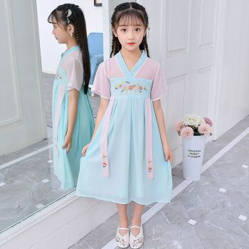 罗兰朵朵 童装女 夏季女童汉服连衣裙童装女裙古风唐装中国风洋气雪纺
